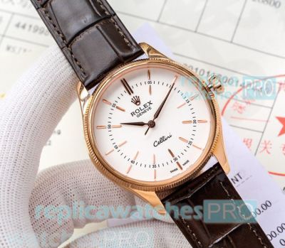 Rolex Cellini Copy Watch White Dial Brown Leather Strap